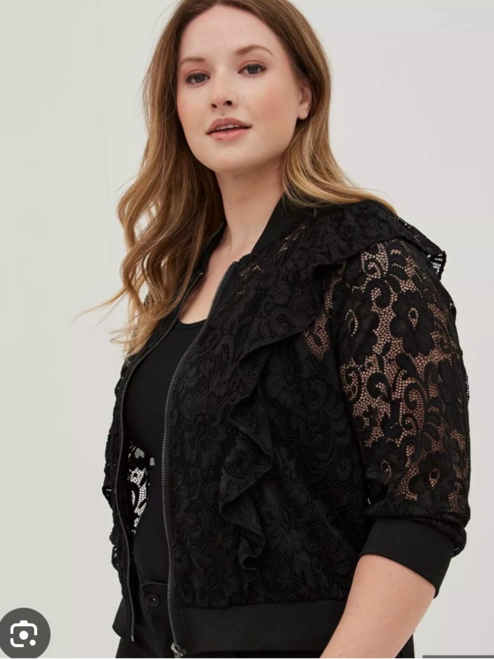 Torrid Black Lace Ruffle Bomber Jacket